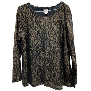 Chicos Womens Top Large Foil Gold Lace Whimsygoth Dark Fairy Long Sleeve NEW